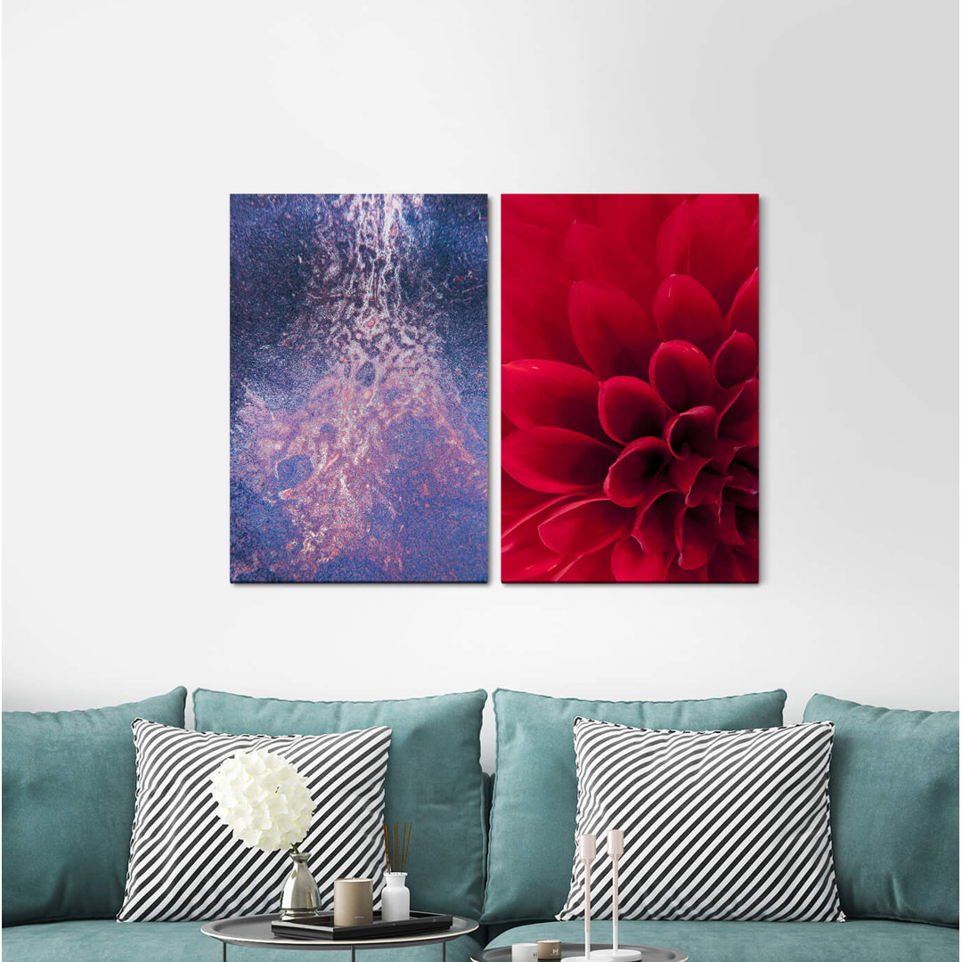 2-tlg. Leinwandbilder-Set - Grafikdruck „Dahlia Red Flower Structure Shiny”