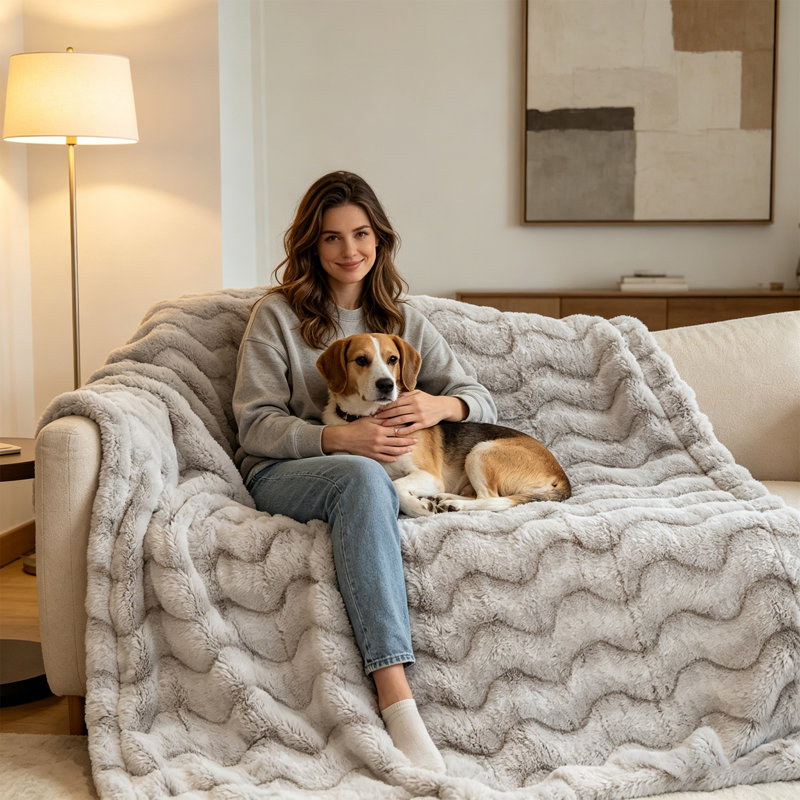 Faux Rabbit Fur & Flannel Weighted Throw Blanket, Ultra Soft & Cozy for Bedroom Living Room Décor , 130cm x 177cm, White
