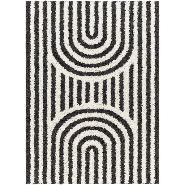 Rectangle Geometric Machine Woven Polyester Area Rug in Charcoal/White