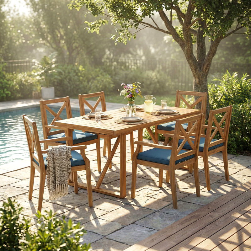 Ensemble de salle à manger d'extérieur en bois d'acacia 7 pièces avec coussins bleus, 6 chaises modernes et 1 grande table