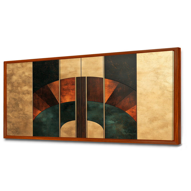 Formes géométriques essentielles noyer III - art abstrait Art déco, H 28 po x l 60 po, Cadre flottant, Brun