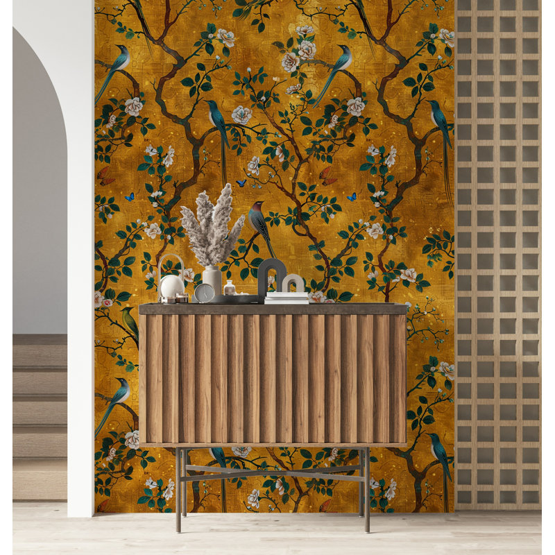 Golden Botanical Bird Wallpaper Bryelle Peel & Stick Vintage Floral Roll