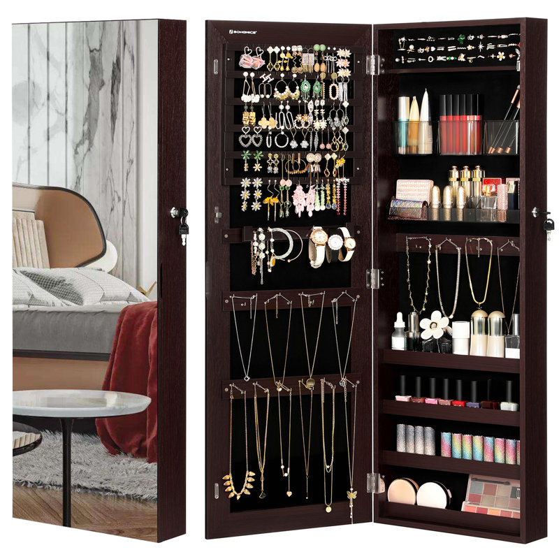 Armoire à bijoux avec miroir à suspendre, Brun