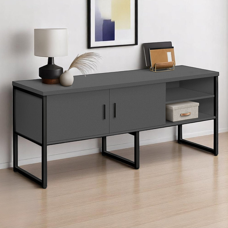 Rangement de bureau avec base en métal noir Cyprien et comptoir gris, H 29,85 po x l 70,64 po x P 23,36 po