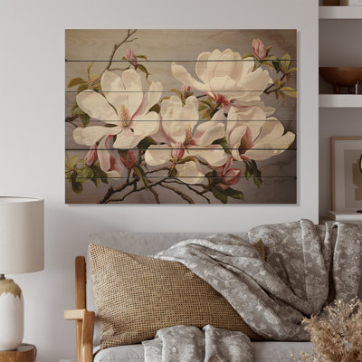 Magnolias blanc, rose et blanc - impression sans cadre sur bois