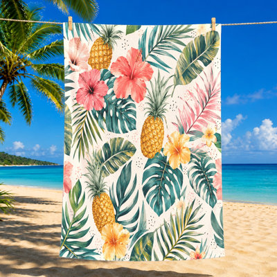 1PCS Vibrant Tropical Beach Towel with Pineapple and Hibiscus Print, Quick Dry Microfiber for Summer, Pool, Travel