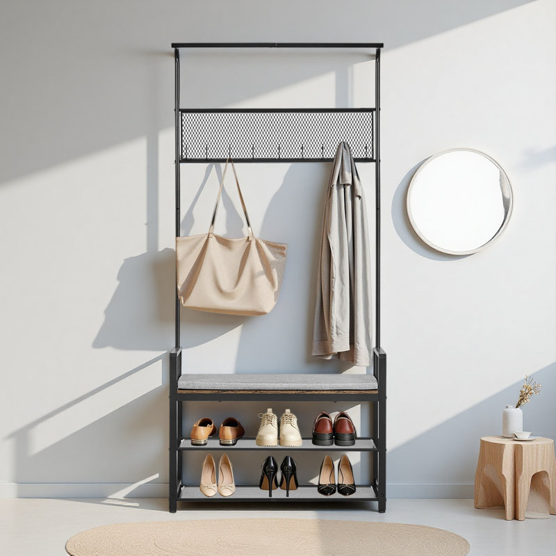 Hall Tree, 72 In Coat Rack With Shoe Bench, Freestanding 2-Tier Shoe Rack Storage Organizer With Hooks, Hanging Rod And Wire Shelf, Steel Frame Entrance Coat Holder For Entry