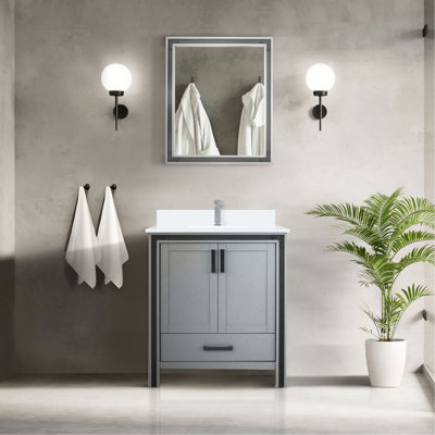 Meuble-lavabo gris foncé de 76 cm (L) x 56 cm (P) avec miroir de 71 cm et nombreux rangements pour une salle de bain bien pensée.