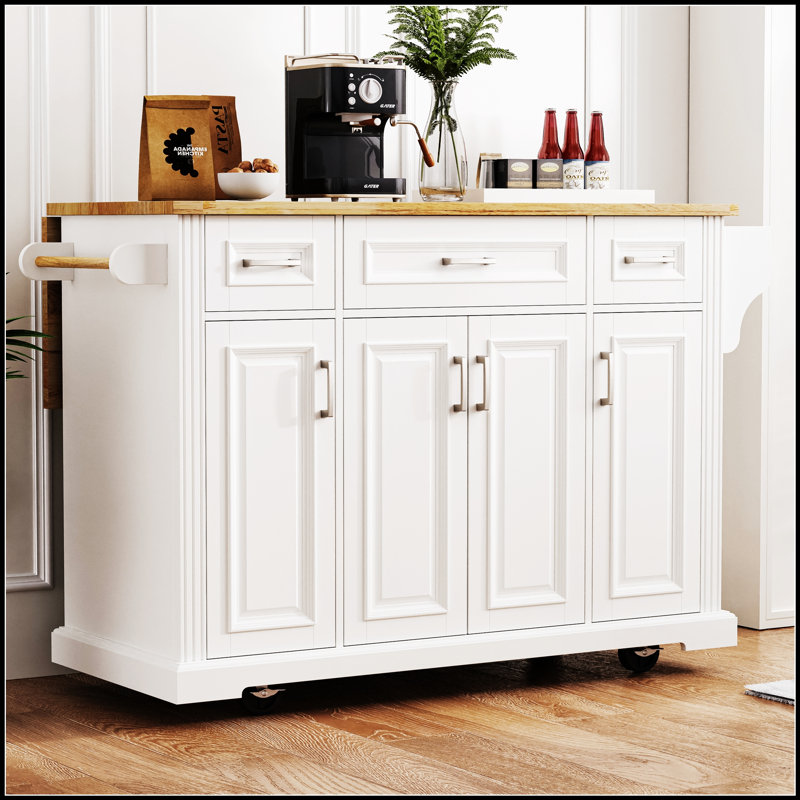54-inch Large Kitchen Island with Rubber Wood Drop Leaf, Embossed Texture, and Ample Storage on 4 Wheels, Ideal for Modern and Farmhouse Kitchens