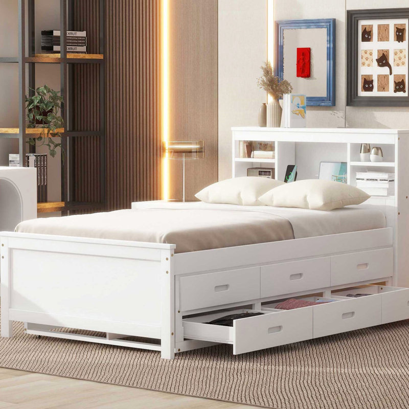 Lit plateforme avec tête de lit, USB, lit gigogne simple et 3 tiroirs, cadre de lit, Lit simple, Blanc