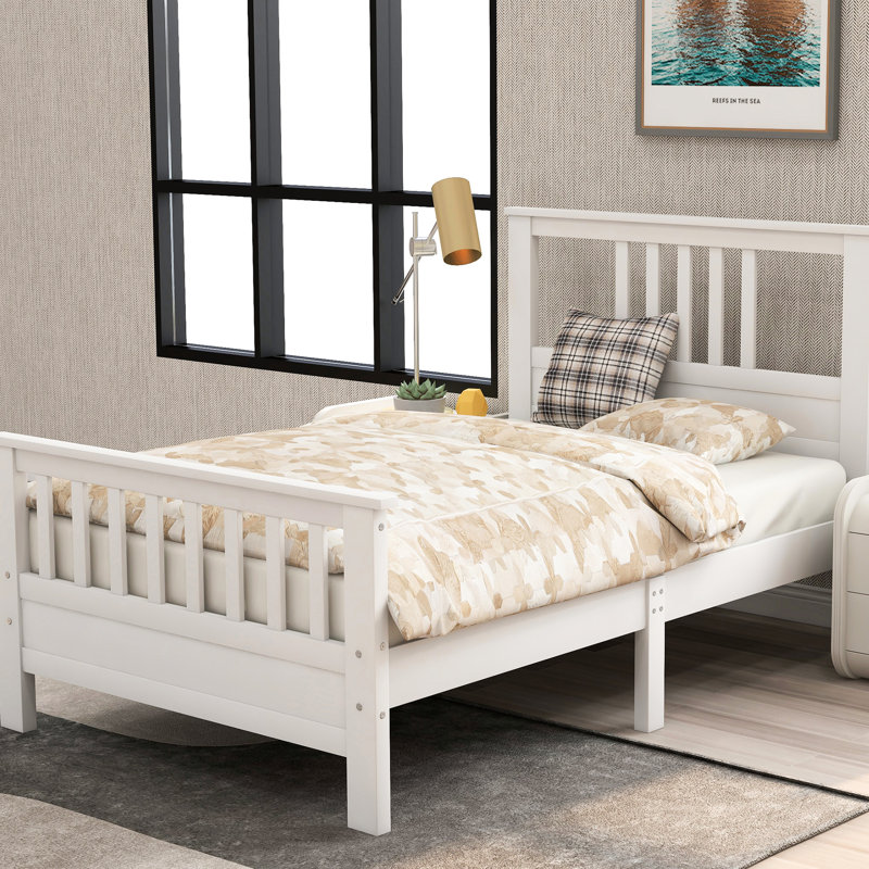 Lit simple en bois avec tête de lit séduisante et plateforme blanche - support solide à 10 lattes et assemblage facile