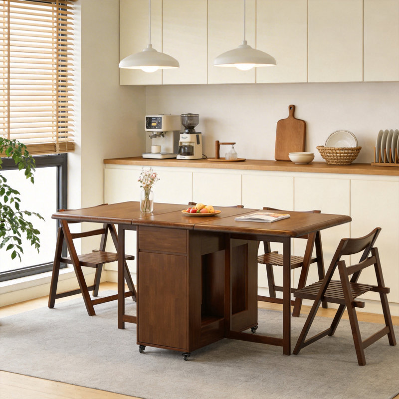 Mid-Century Solid Wood Folding Dining Set, Walnut Table With 4 Self-Storing Chairs, Casters And 2 Drawers