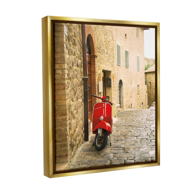 "Red Moped In City" par Aledanda sur toile, Cadre flottant métallique doré, H 21 po x l 17 po