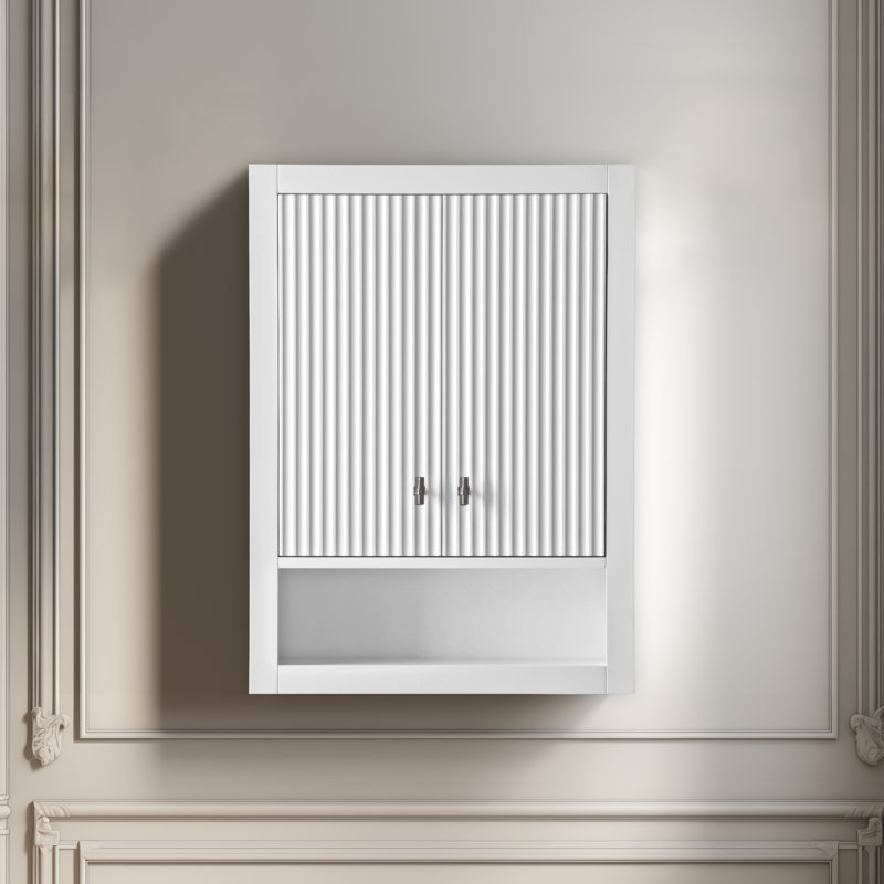 Armoire de rangement de salle de bain murale 24 po avec 2 portes, tablette réglable et tablette ouverte, Blanc, Nickel brossé