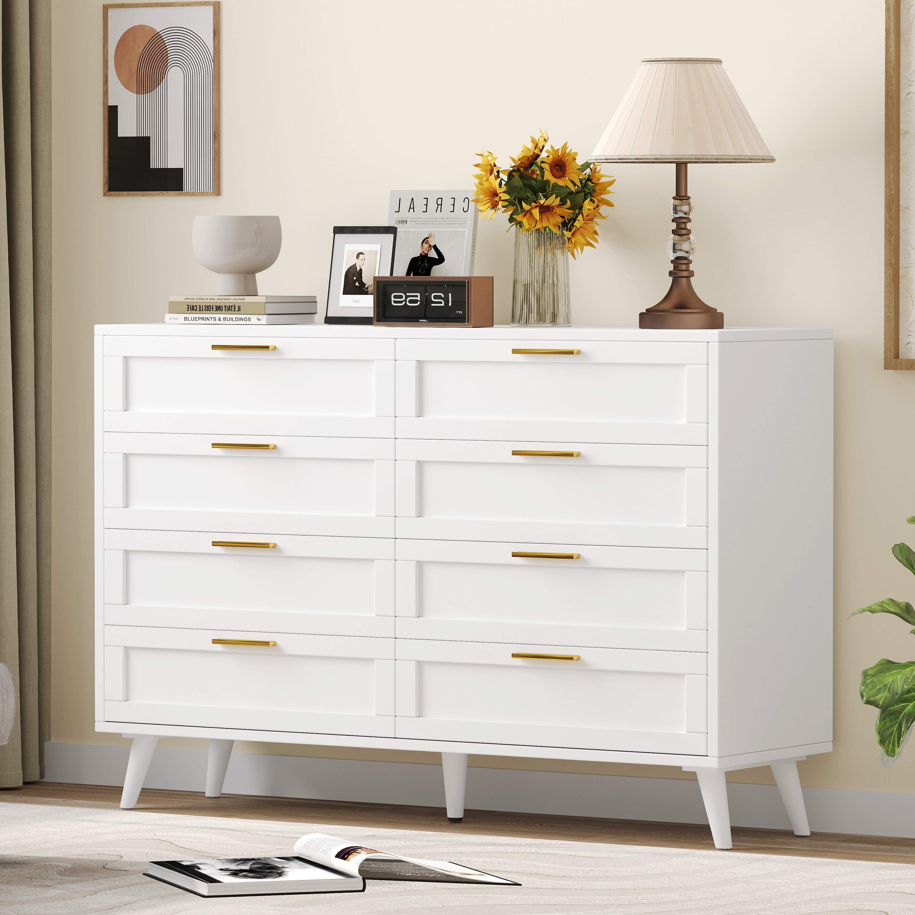 Everly Quinn Carletta 8 Drawer Dresser, White Dresser for Bedroom
