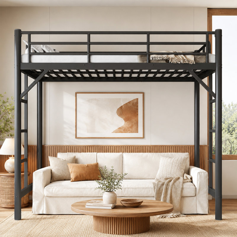 Lit mezzanine simple TG avec échelles, lit mezzanine simple en métal pour adultes, adolescents, enfants, amplement d'espace sous le lit et aucun sommier nécessaire, noir