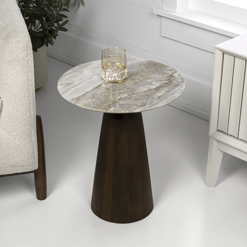 Kaito 18" Rustic Minimalist Round Marble/Wood Accent Table, Walnut Wood