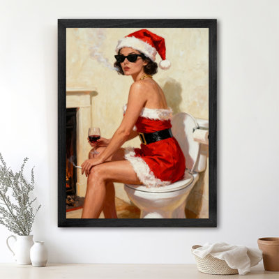 Black Framed Vintage Mrs. Christmas is smoking and drinking on the bathroom toilet Wall Art Humorous Style Framed Prints