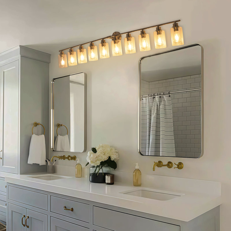 Brushed Nickel Vanity Lights For Bathroom, 10-Light Bathroom Lighting Fixtures Over Mirror, Farmhouse Modern Wall Sconces With Clear Glass For Living Room Bedroom Hallway