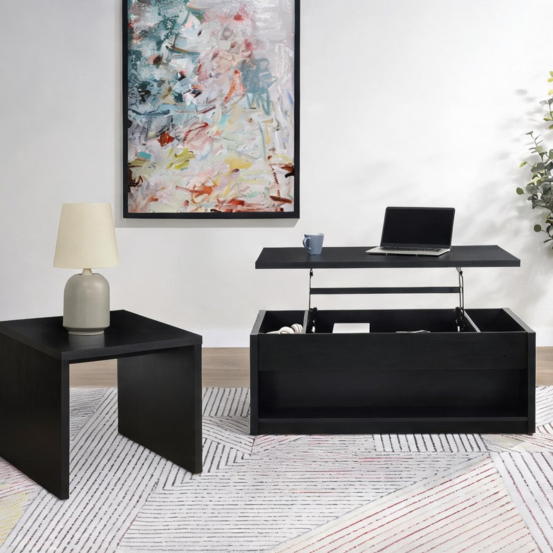 Ensemble de tables basses Living Room à plateau relevable en placage de bois véritable noir, 2 pièces rectangulaires avec tiroirs