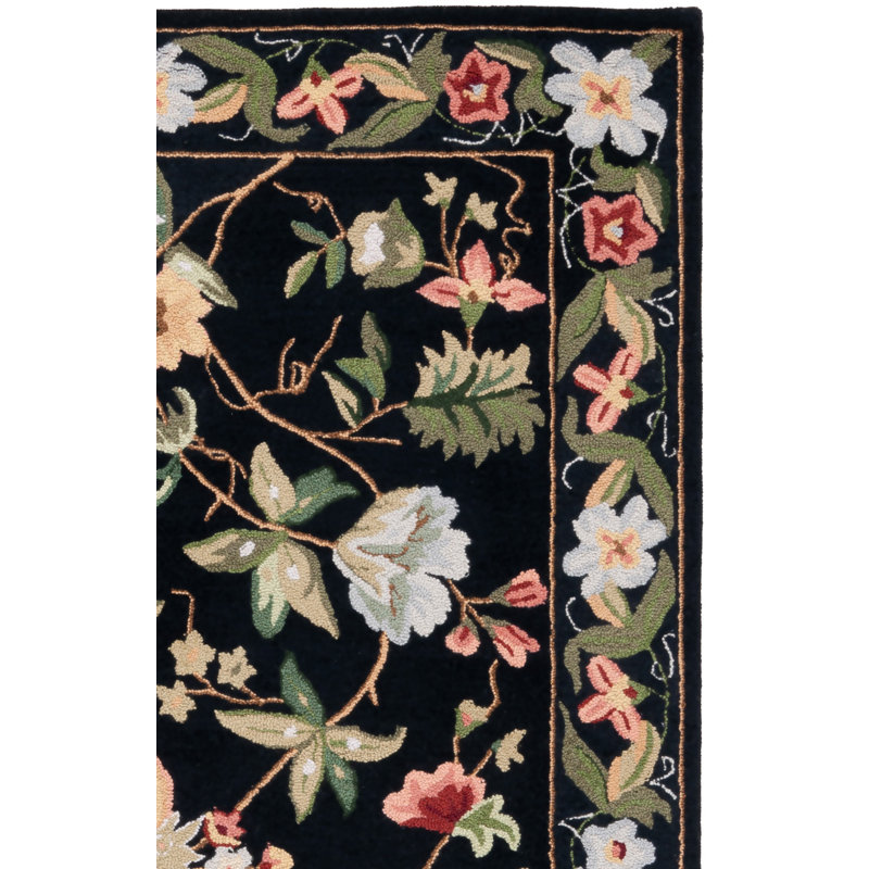 Tapis noir en laine bouclé / crocheté à la main Hollander, Tapis de couloir 2 pi 6 po x 12 pi
