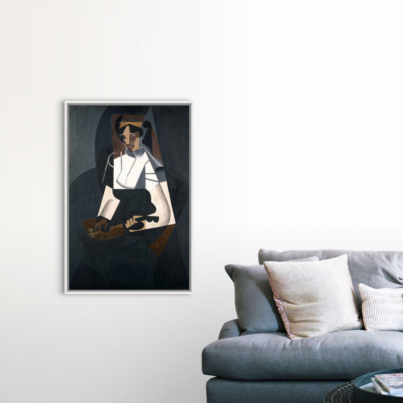 Woman With Mandolin, After Corot by Juan Gris - Painting on Canvas, White Floater Framed Canvas, 50" H x 34" W x 1.75" D