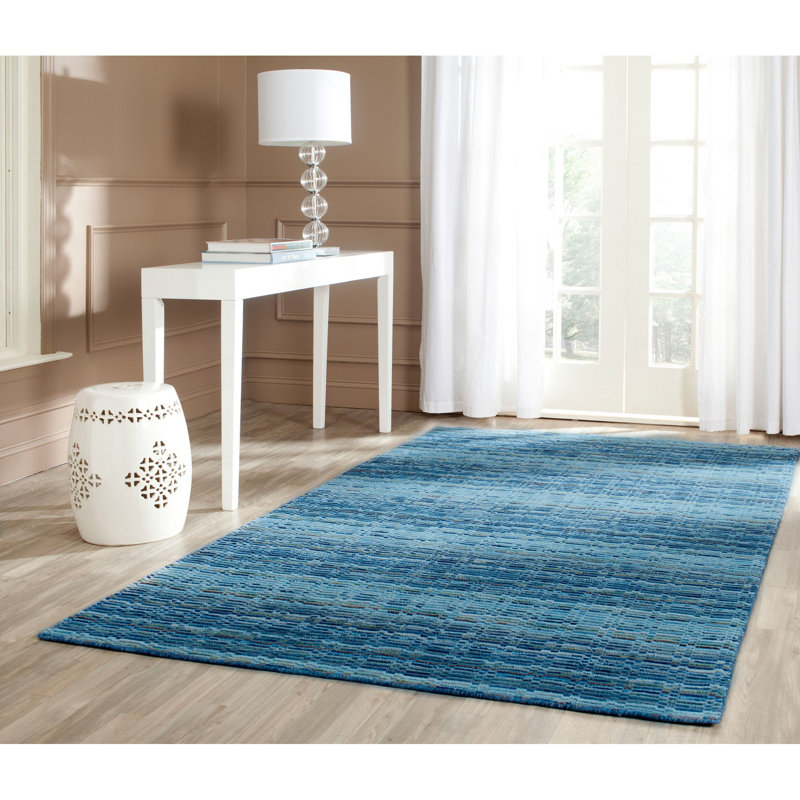 Tapis bleu abstrait en laine tissé à plat à la main Hossain, Rectangle de 5 pi x 8 pi