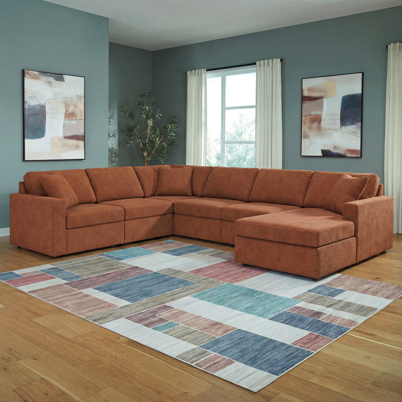 Canapé modulaire 6 pièces avec méridienne Chobanyan, Face à la droite, Brown Polyester, H 36 po x l 140 po x P 107 po
