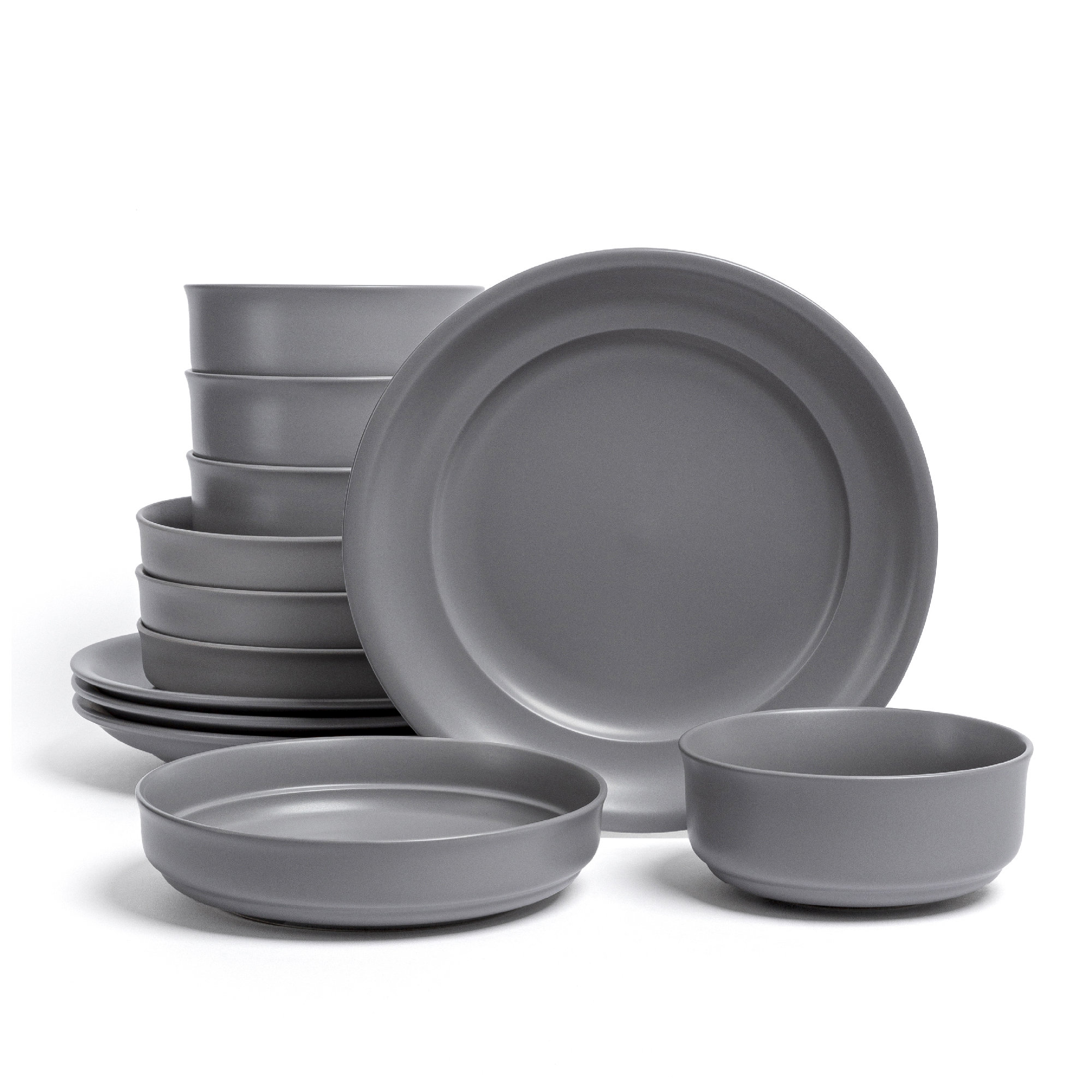 over&back Rimmed 12-Piece Semi Hand-Finished Stoneware Dinnerware Set, Service for 4, Charcoal
