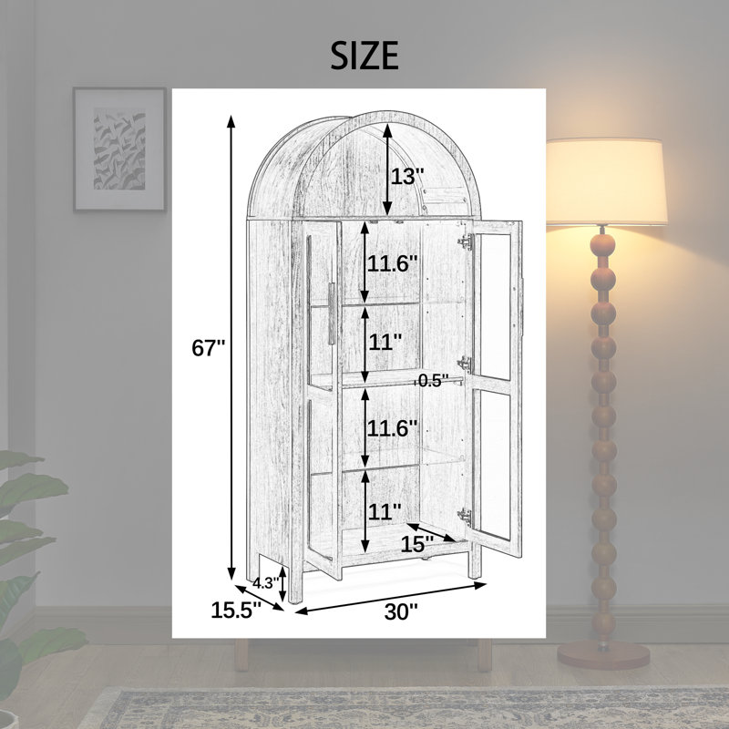    67" Arched Curio Cabinet with LED Lighting and Tempered Glass Doors - Matte Brown, Brown