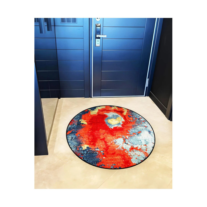 Red Themed Abstract Patterned Round Woven Base Modern Decorative Carpet, Round 3'4"