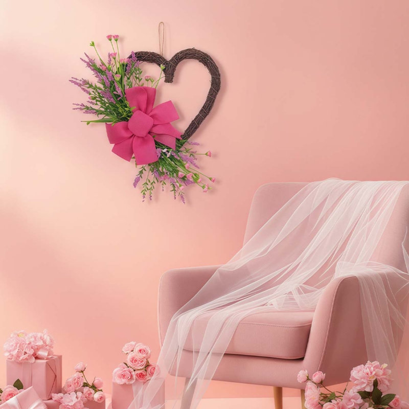 Couronne décorative en forme de cœur artificiel 17,7 pouces printemps été, Rose