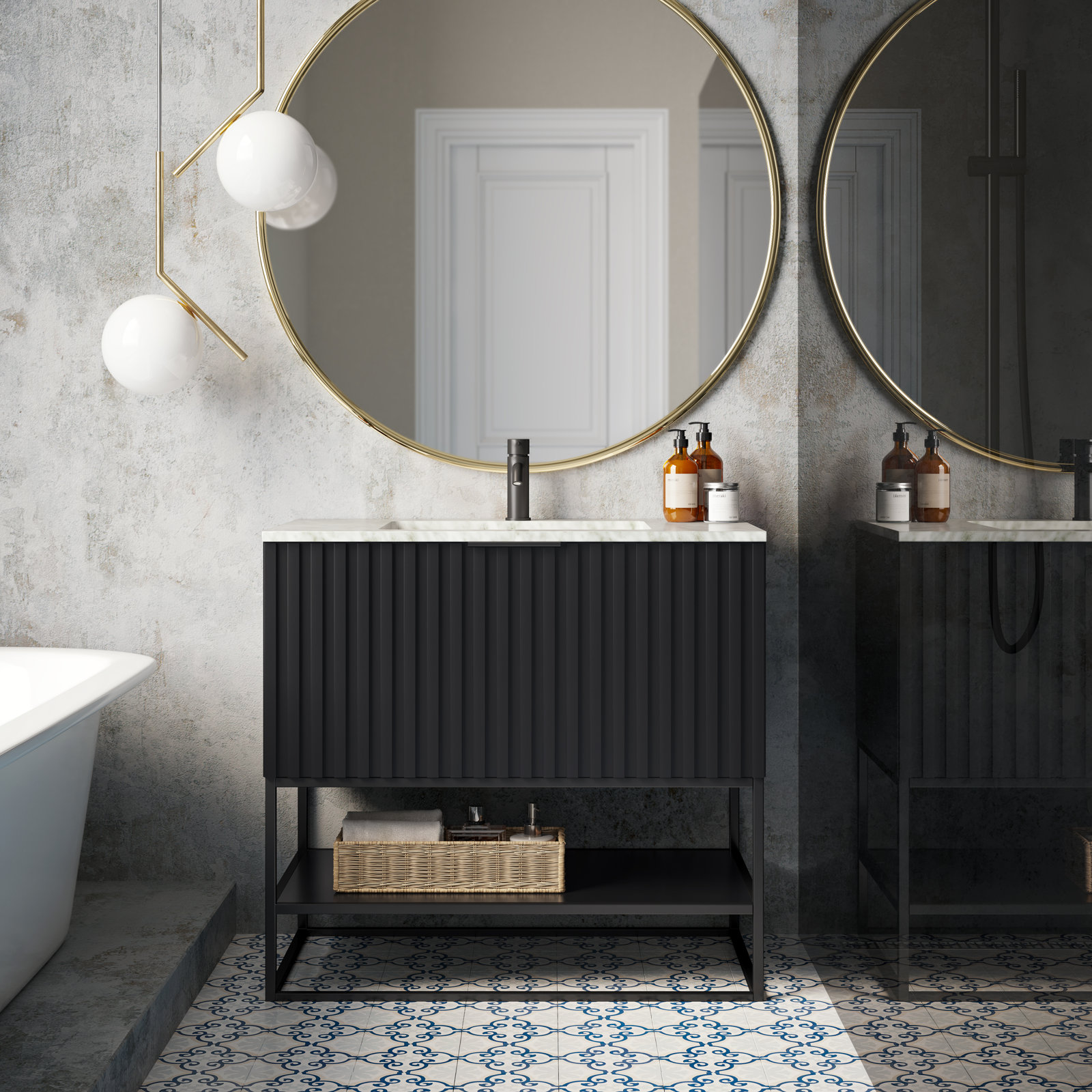 Terra 36'' Single Bathroom Vanity, Carrara Marble/Single Faucet Mount, Midnight Black, Matte Black