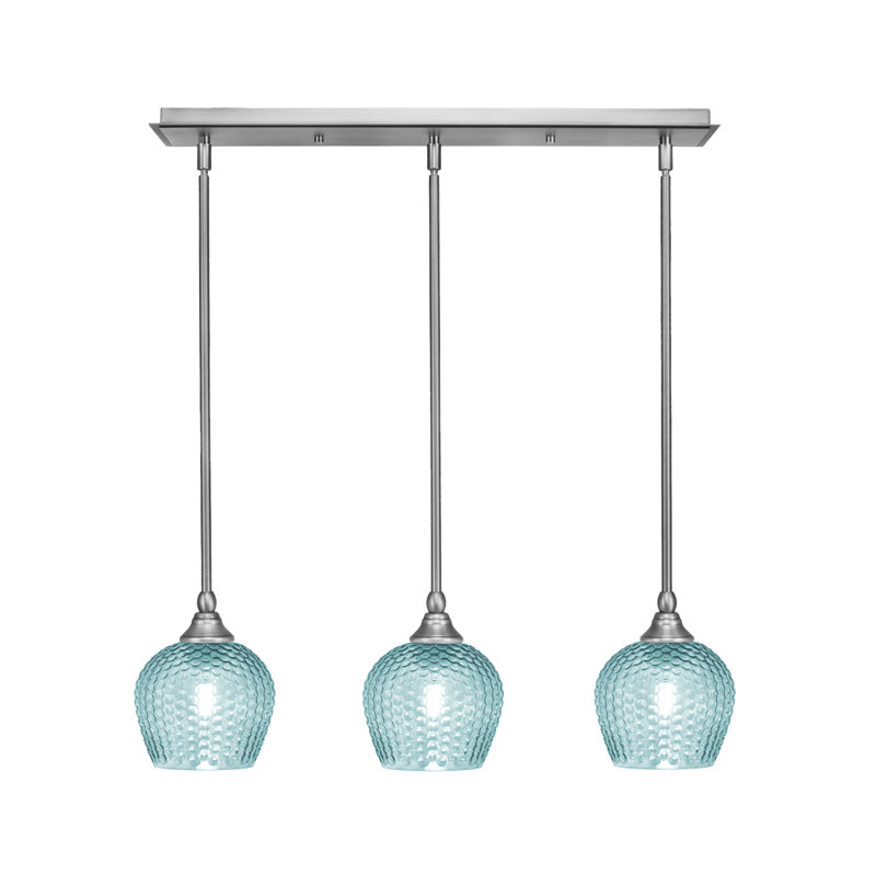 3 Light Stem Hung Linear Pendalier With Turquoise Textured, Brushed Nickel, 7.25" H x 26" W x 6" D