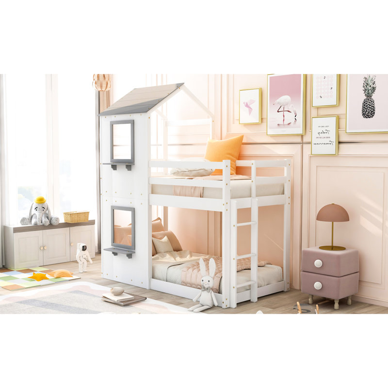 Lit superposé simple blanc avec éléments - Maisonnette en bois, Blanc