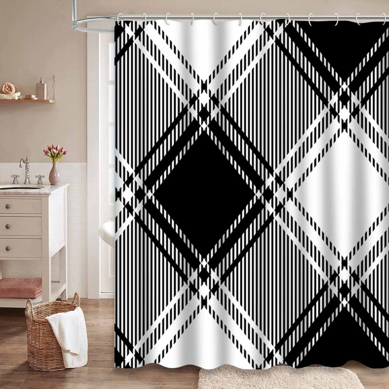 Rideau de douche en tissu noir à carreaux noirs avec 12 crochets, L 72 po x l 84 po