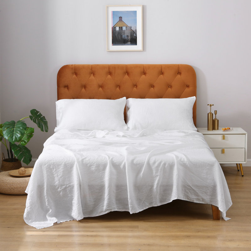 Highland Feather 100% French Linen Sheet Set - 1 Flat Sheet & 1 Fitted Sheet & 2 Pillowcases - Classic Luxury (165Gsm), White