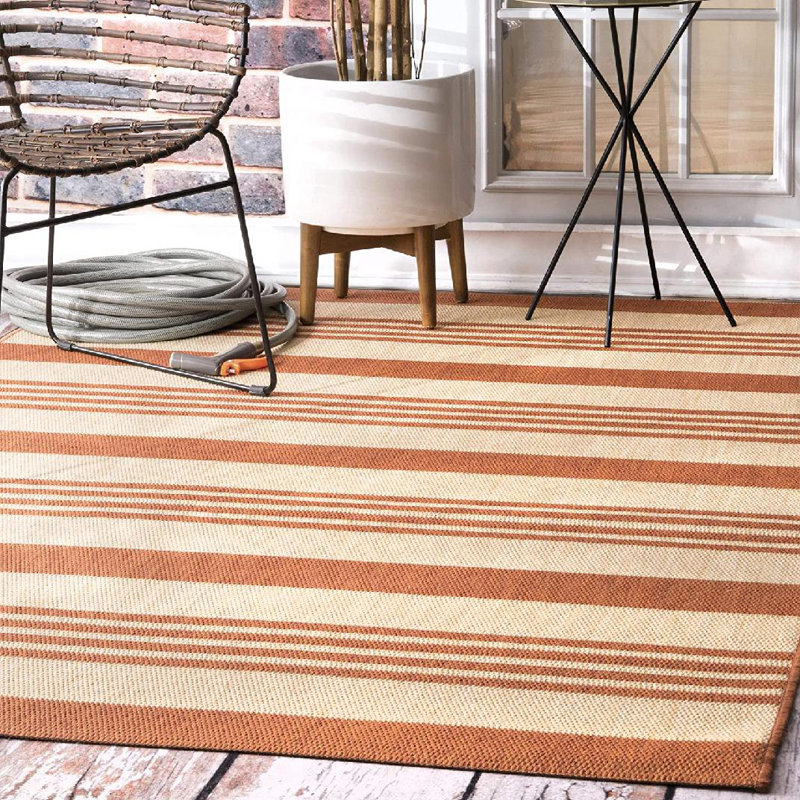 Tapis rayé intérieur / extérieur pour terrasse de salon Haydon, terre cuite / ivoire, Rectangle 4 pi x 6 pi