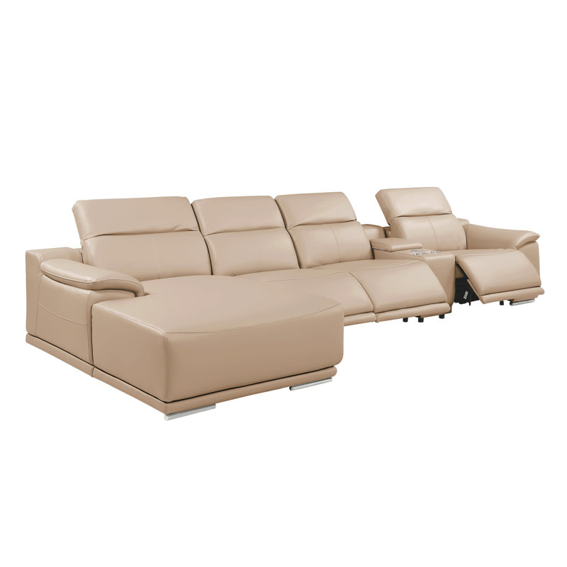 Canapé modulaire en L en cuir véritable 5 pièces beige avec 3 fauteuils inclinables et appuis-tête réglables