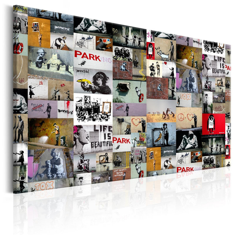 Kyliegh Banksy, collage sur toile, H 16 po x l 24 po x P 0,7 po