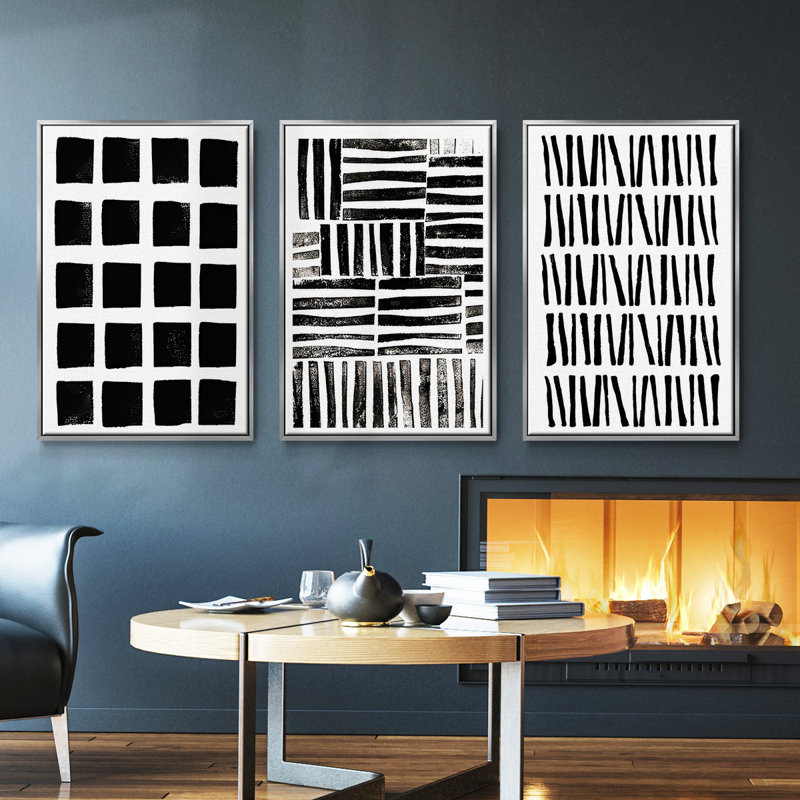 «Square Print», ensemble de 3 reproductions encadrées sur toile, H 36 po x l 72 po, Argent