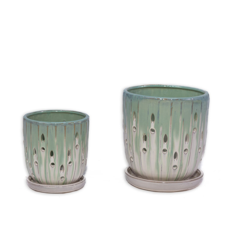 Set of 2 Ceramic Flowerpots with Drainage Holes, 8 Inch Modern Planters for Patio, Garden, and Windowsill, White/Green