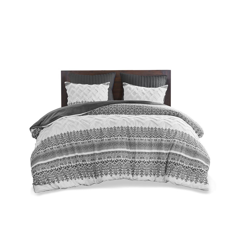 Ensemble d'édredon en coton 3 pièces avec capitonnage en chenille gris double / grand