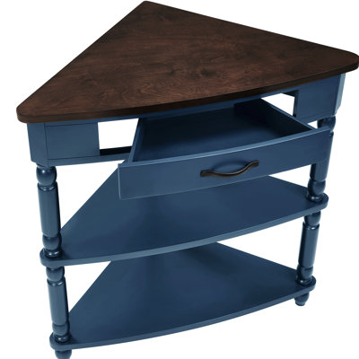 33''L X 20''W 34.6''H Small Corner Table For Spaces, 3 Tier End With Solid Rubber Wood Legs, Navy Blue Finish, Multifunctional Storage Rack Plants And Collectibles, Quick Assembly 33.8'' Long,