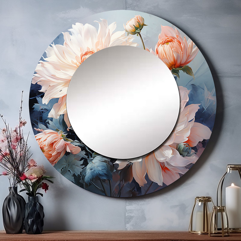 «Sasho Peach Chrysanthemums Romantic Impression I», grand miroir mural rond traditionnel, impression sur métal, 29 po x 29 po