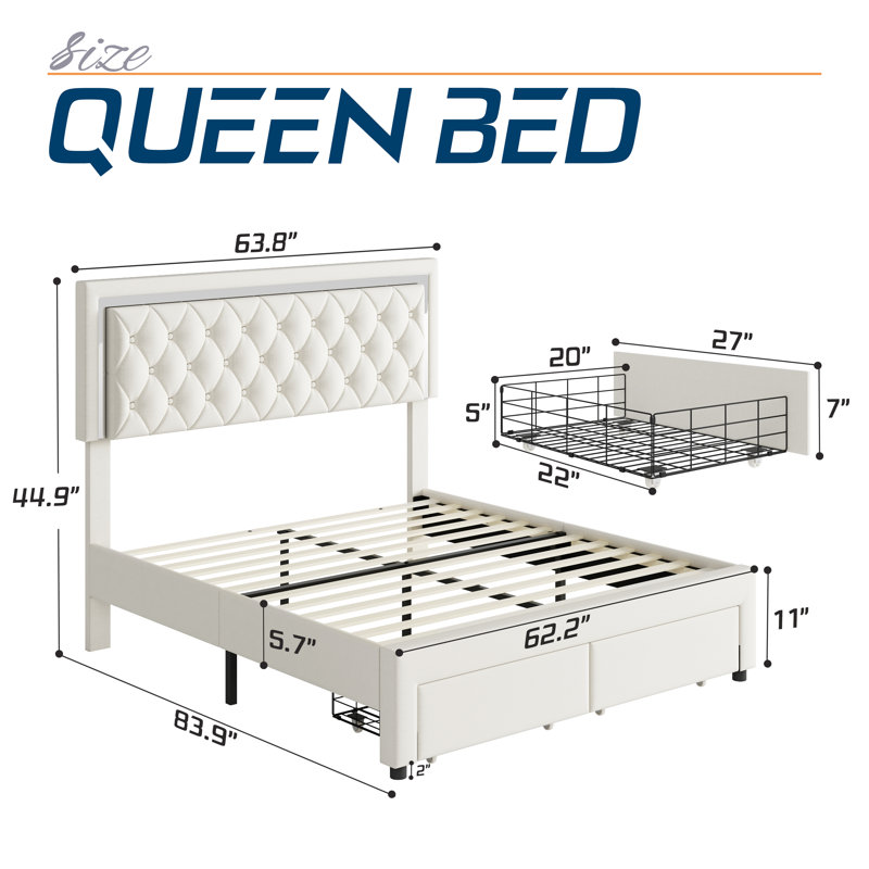 Chantaya Upholstered Platform Storage Bed, Queen, White