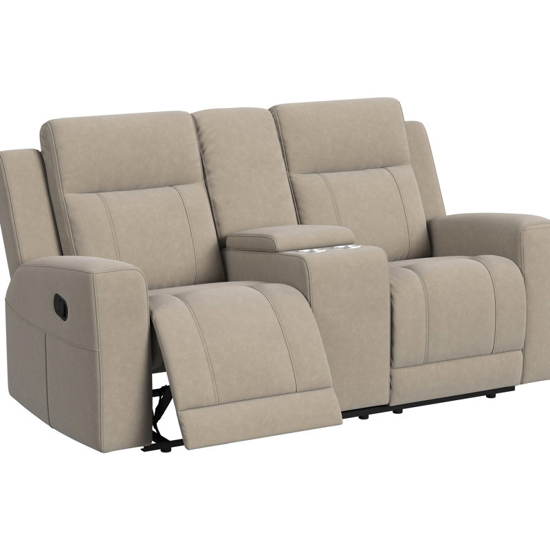 Fauteuil inclinable Taupe 2 places pour salon, avec coussins moelleux, inclinaison manuelle, revêtement rembourré, dossier divisé, deux porte-gobelets