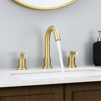 Brushed Gold Bathroom Faucet 2 Handle 8 Inch, Widespread Stainless Steel 3 Hole With Pop Up Drain And Supply Hoses, 360 Swivel Quality Function