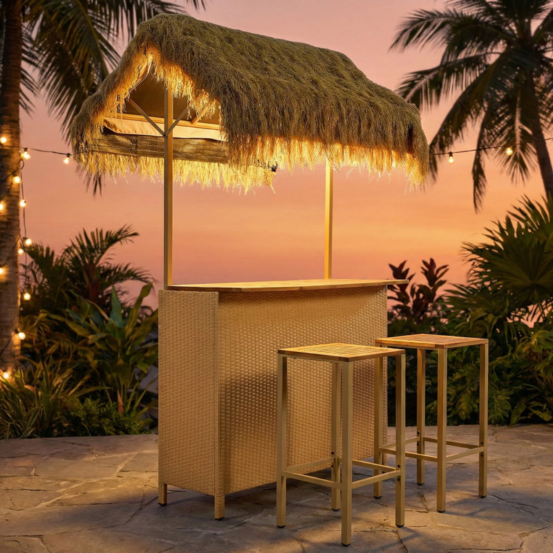 Acacia Wood Patio Bar Set With Grass Canopy – Adjustable Height Outdoor Bar Table & Stools For Dining & Entertaining