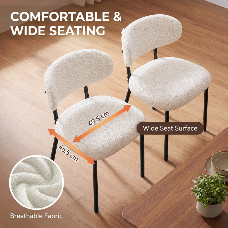 Modern Upholstered Dining Chair, Metal Legs, 2P, Beige Boucle